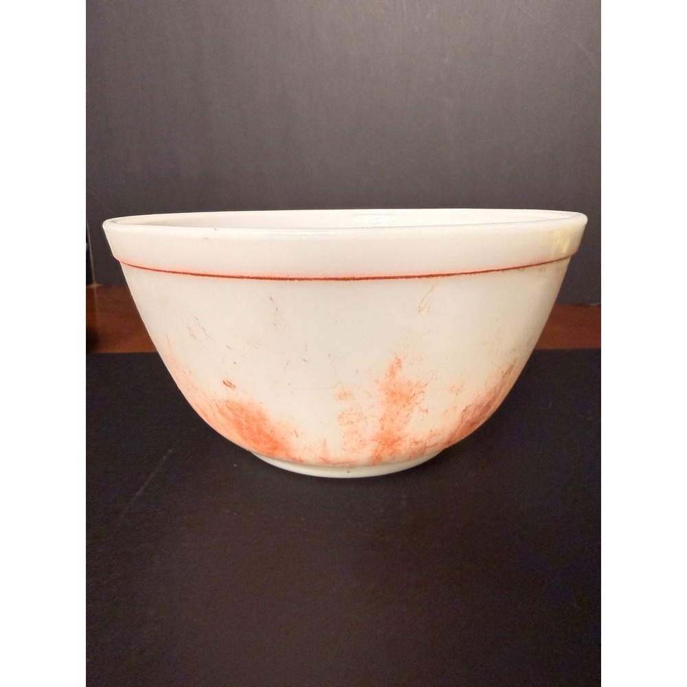 Vintage Pyrex White Milk Glass Mixing Bowl Red Stripe 417 Made in USA 7.5 Inch